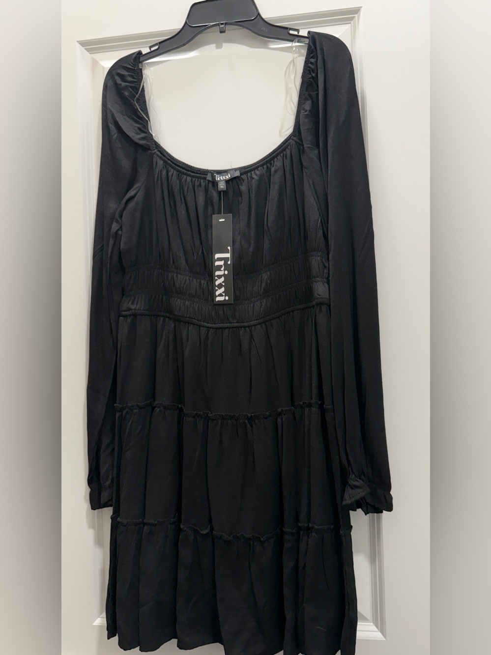 Trixxi Black Long Sleeve Tiered Midi Dress with Square Neck